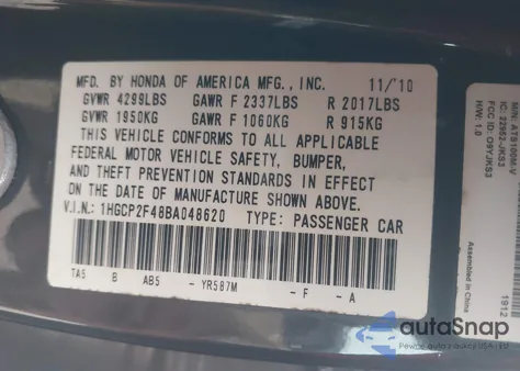 2011 Honda Accord 2.4 Lx-P from USA, damaged, VIN 1HGCP2F48BA048620